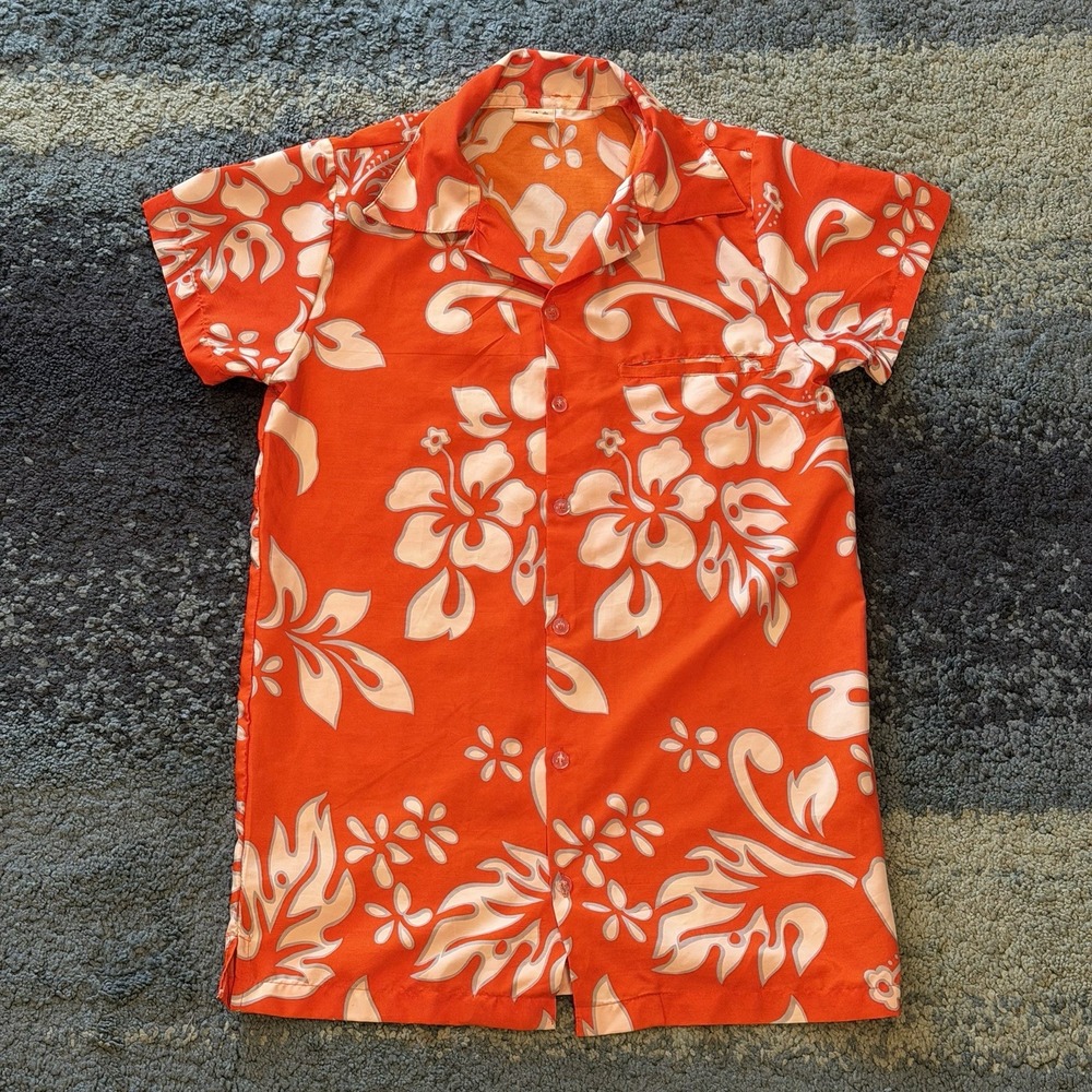 King Kameha Men's XS Orange White Hibiscus Floral Hawaiian Aloha Shirt